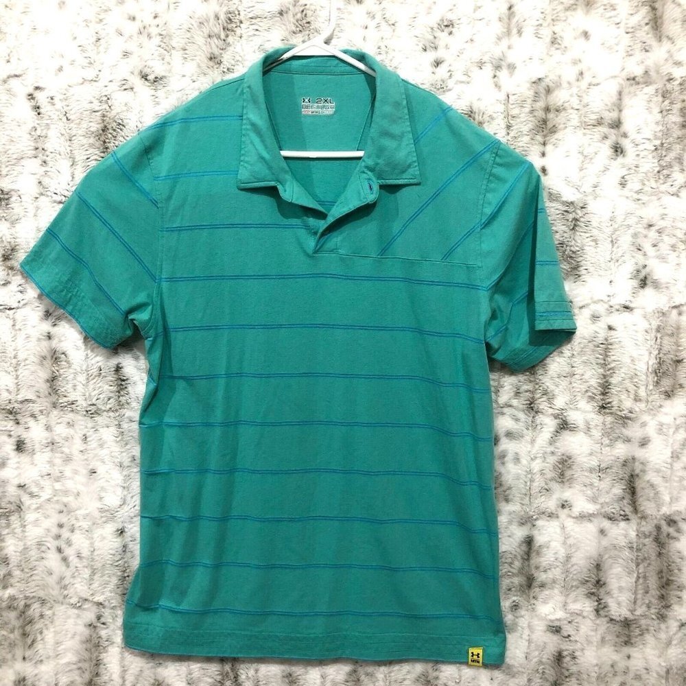 Under Armour Men’s XXL Polo Shirt Heatgear  Cotton Blend Green Blue Striped